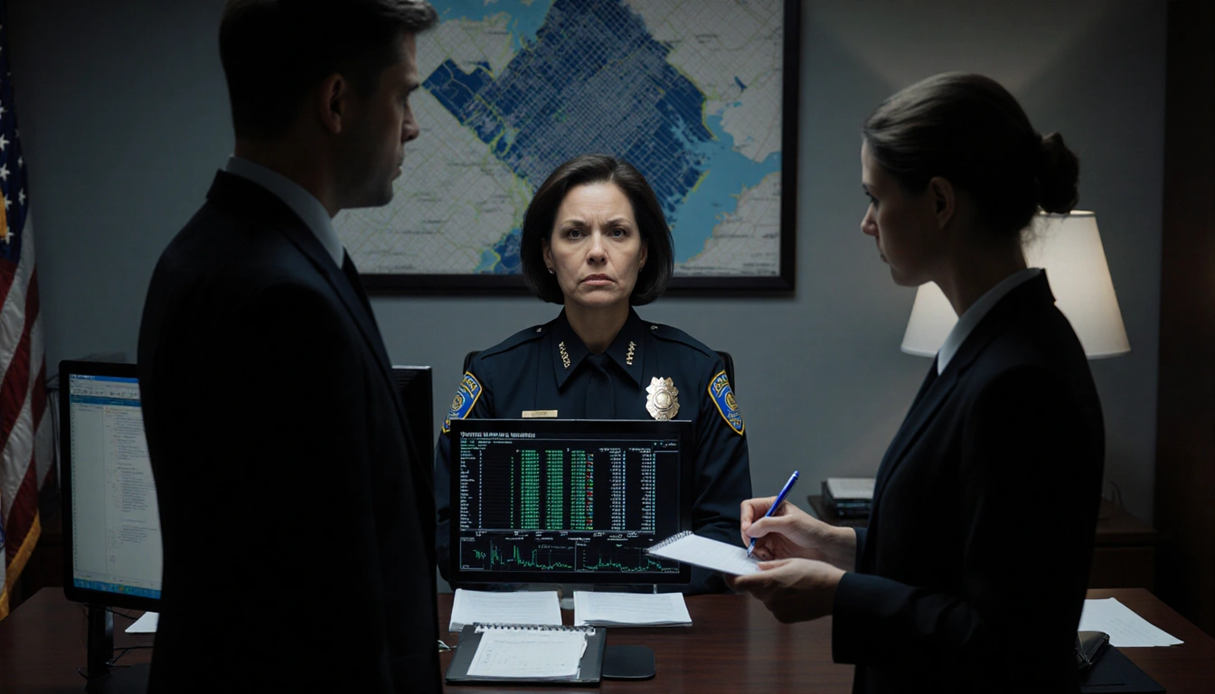 Police chief sits at desk with two subordinates holding crime data screen and notepad while Washington D.C. map hangs behind.