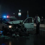 Police cruiser stands beside twisted wreckage with shattered headlights and a slumped figure in the driver
