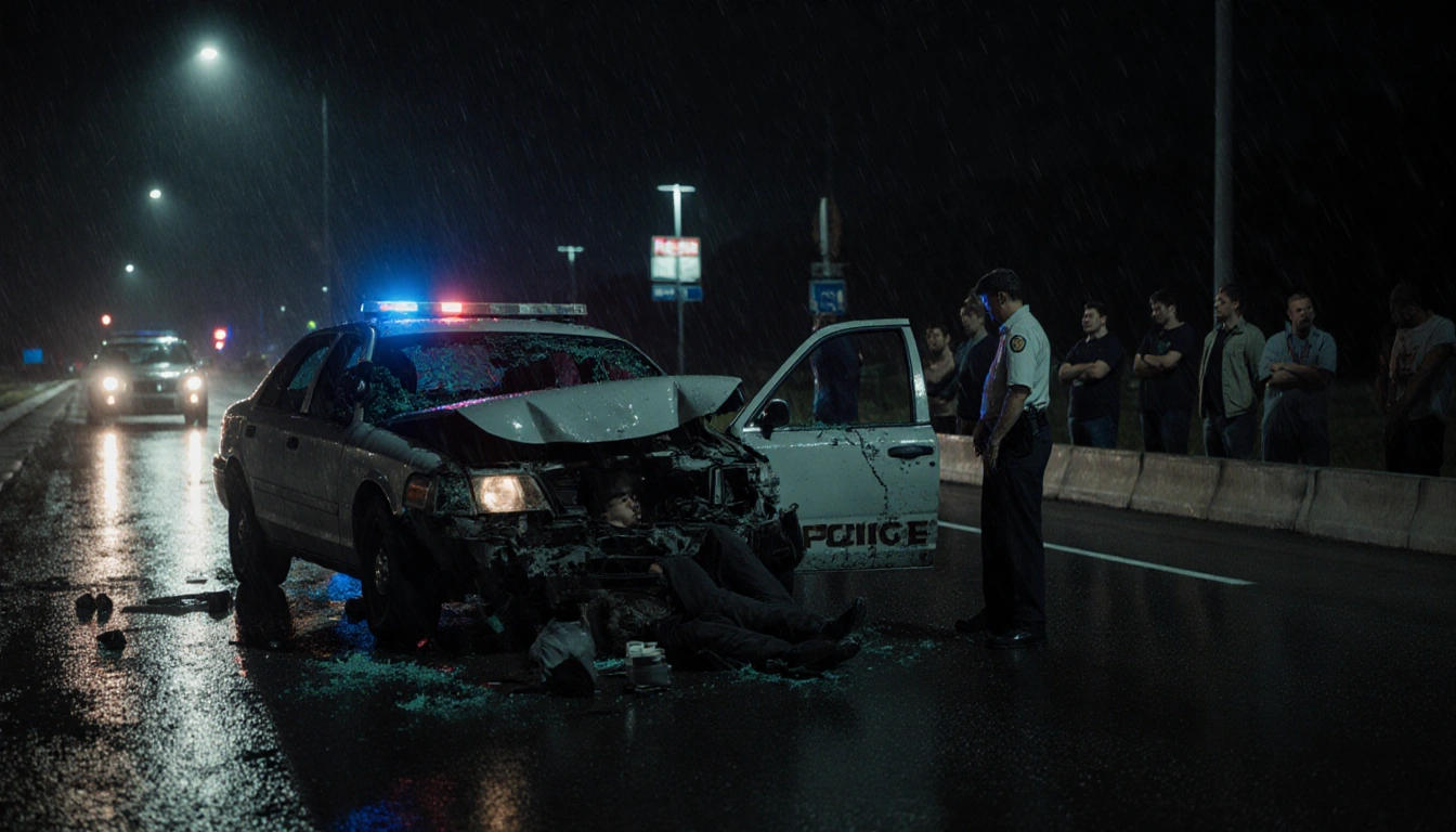 Police cruiser stands beside twisted wreckage with shattered headlights and a slumped figure in the driver