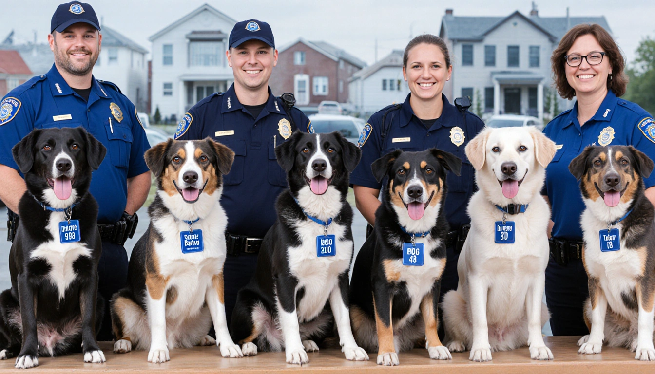 Dogs seated in a row on a table with handlers beside them and blurred police precincts behind