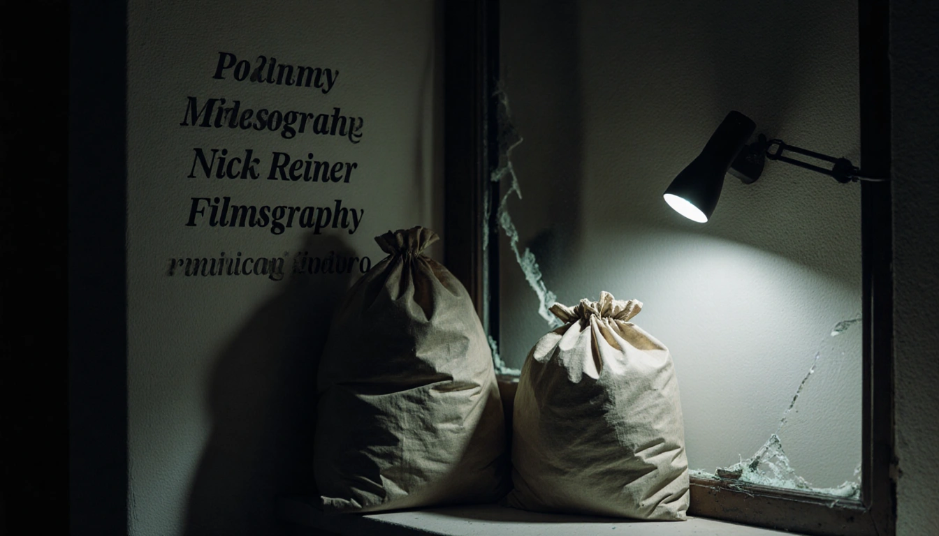 Spotlight illuminates a stack of police evidence bags and a torn fabric in a shattered window frame with blurred background