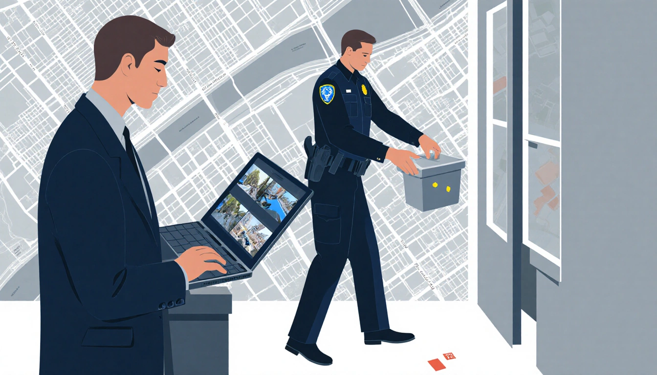 Detective examines surveillance footage on laptop with forensic evidence container and city map in background.