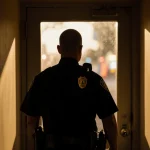 Police officer reflecting in dim karaoke hallway in Cedar Park, badge visible through glass, golden light casting shadows.