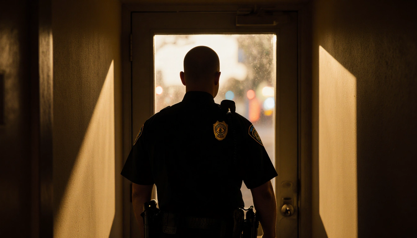 Police officer reflecting in dim karaoke hallway in Cedar Park, badge visible through glass, golden light casting shadows.