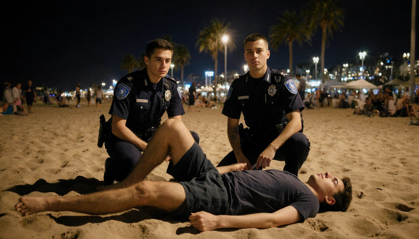 Police officers kneeling beside a motionless young man with beach background and Hanukkah lights at Bondi Beach