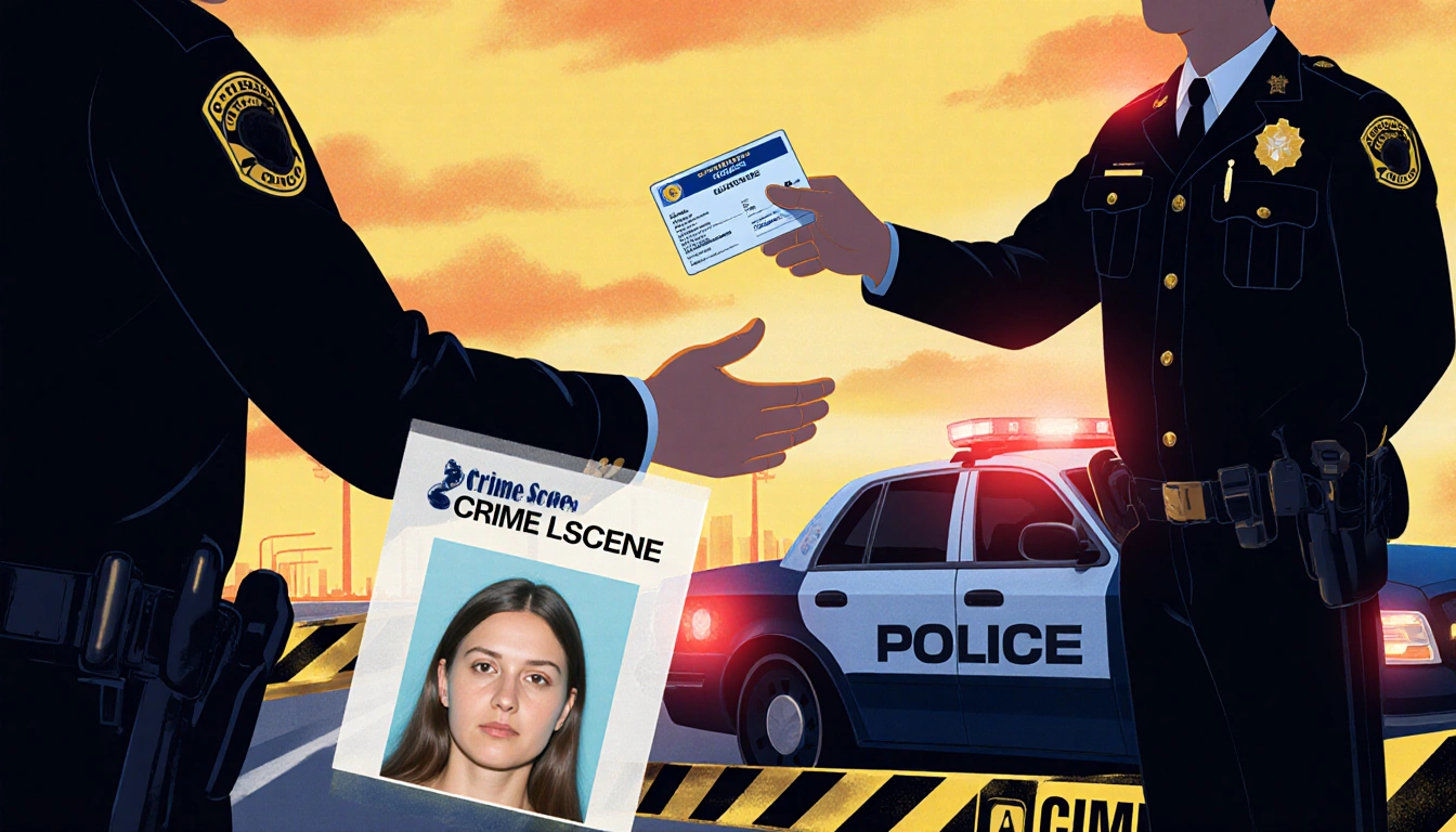 Police officer handing driver's license to another officer with marked vehicle flashing lights beside blurred highway.