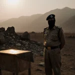 Police officer standing guard beside a vaccination table with golden light and distant misty mountains.