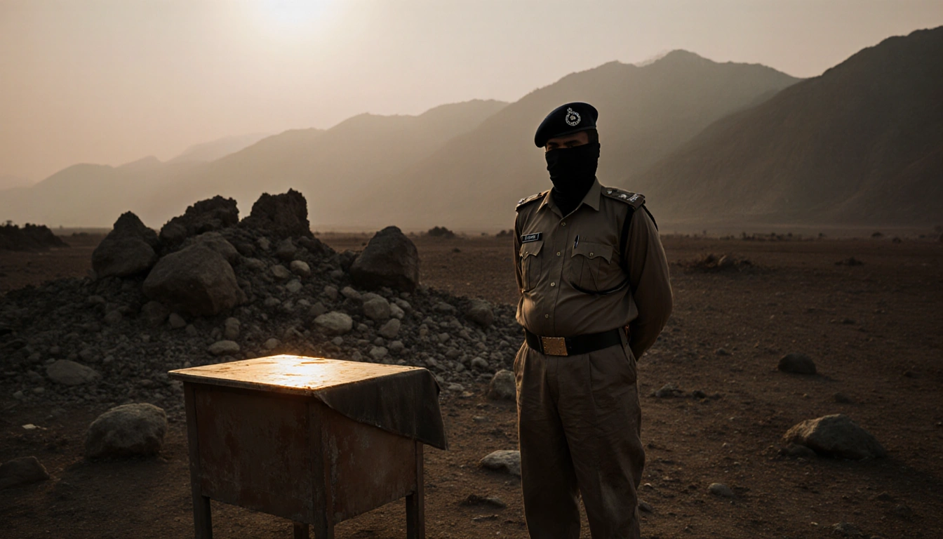 Police officer standing guard beside a vaccination table with golden light and distant misty mountains.