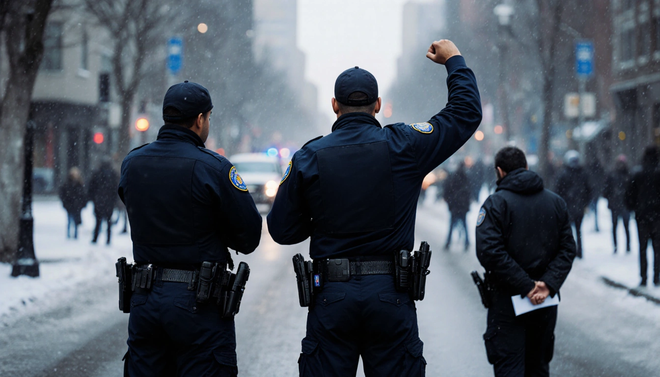 Police officers standing with arms crossed and a notebook confronting defiant Aleman and Calvo on a cold winter street.