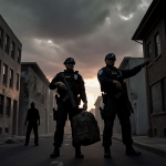 Two police officers stand with tactical gear and an evidence bag while pointing toward a dark shape in an urban street