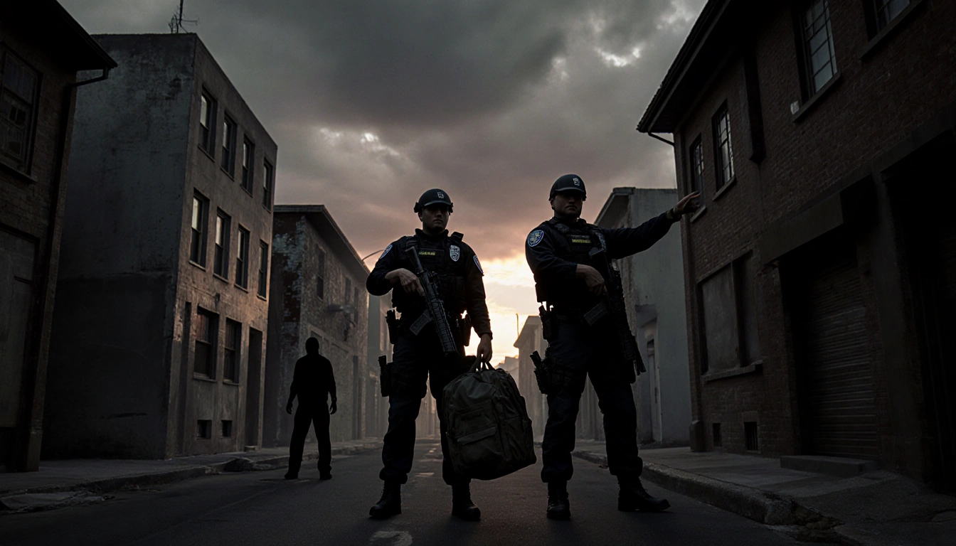 Two police officers stand with tactical gear and an evidence bag while pointing toward a dark shape in an urban street