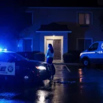 Young woman looking up at police officer with flashing cruiser lights and handcuffs on wet pavement