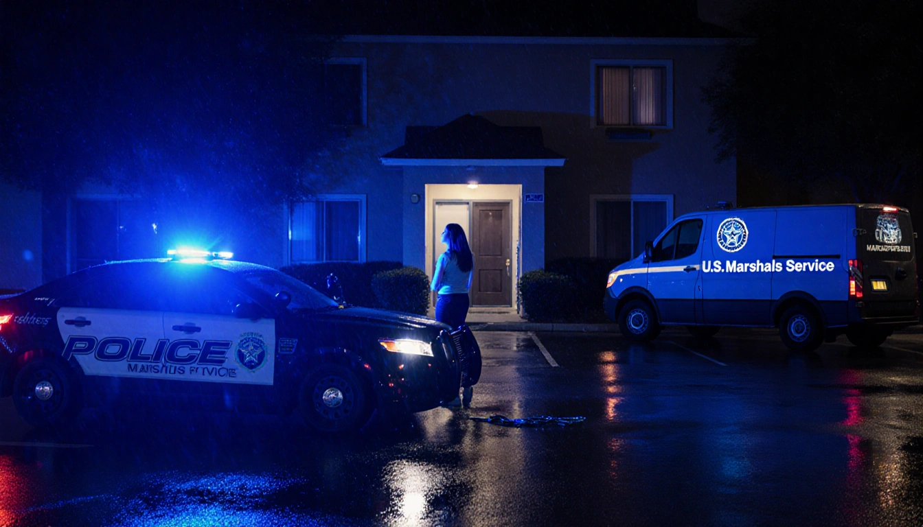 Young woman looking up at police officer with flashing cruiser lights and handcuffs on wet pavement