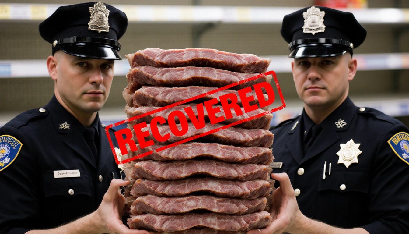 Two police officers holding up a neatly stacked line of 20 recovered briskets with a bold red stamp and a blurred grocery sto