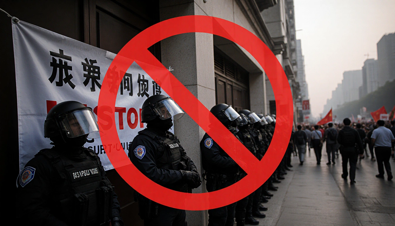 Officers in riot gear stand outside building with red stop symbol over National Security Law banner and blurred protest crowd