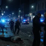 Police officer rushing to assist suspect with flashing blue lights and shattered storefronts behind.