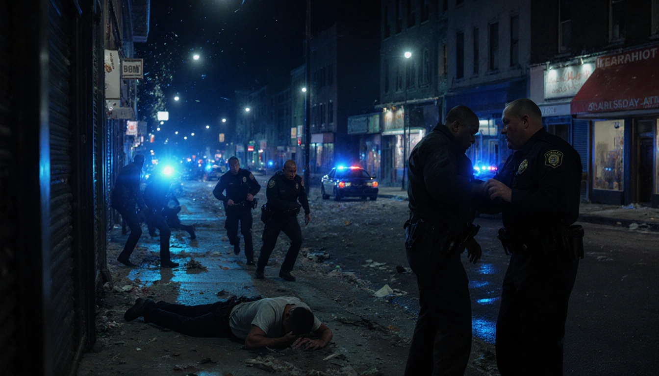 Police officer rushing to assist suspect with flashing blue lights and shattered storefronts behind.