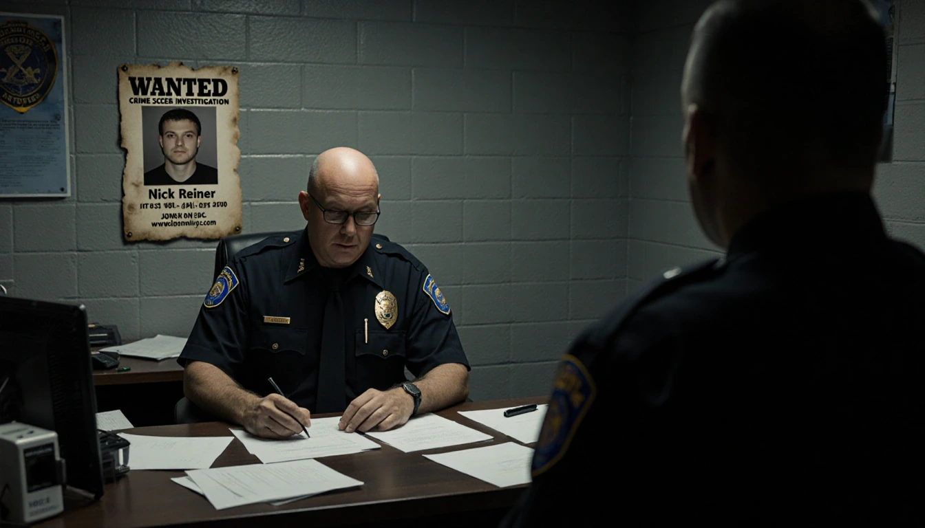 Police officer reviewing case files with crime scene gear and a wanted poster of Nick Reiner in the dim lobby.