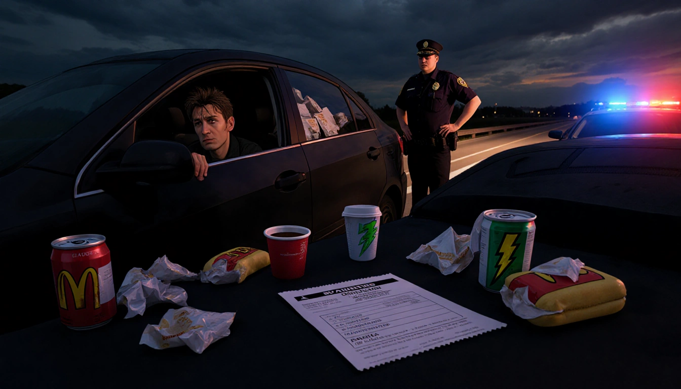 Driver looking nervous with police officer beside vehicle and warning ticket on seat