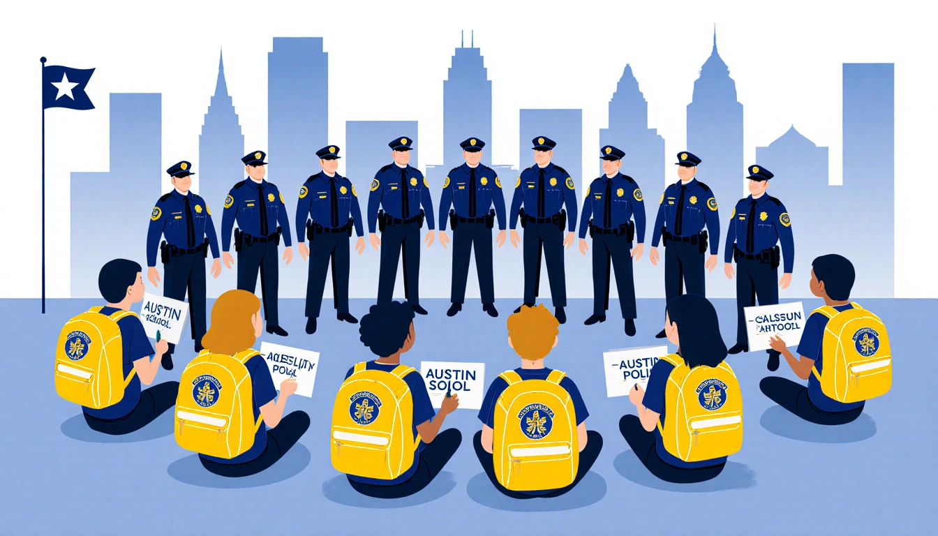 Police officers stand with students wearing yellow backpacks holding school signs, community unity.