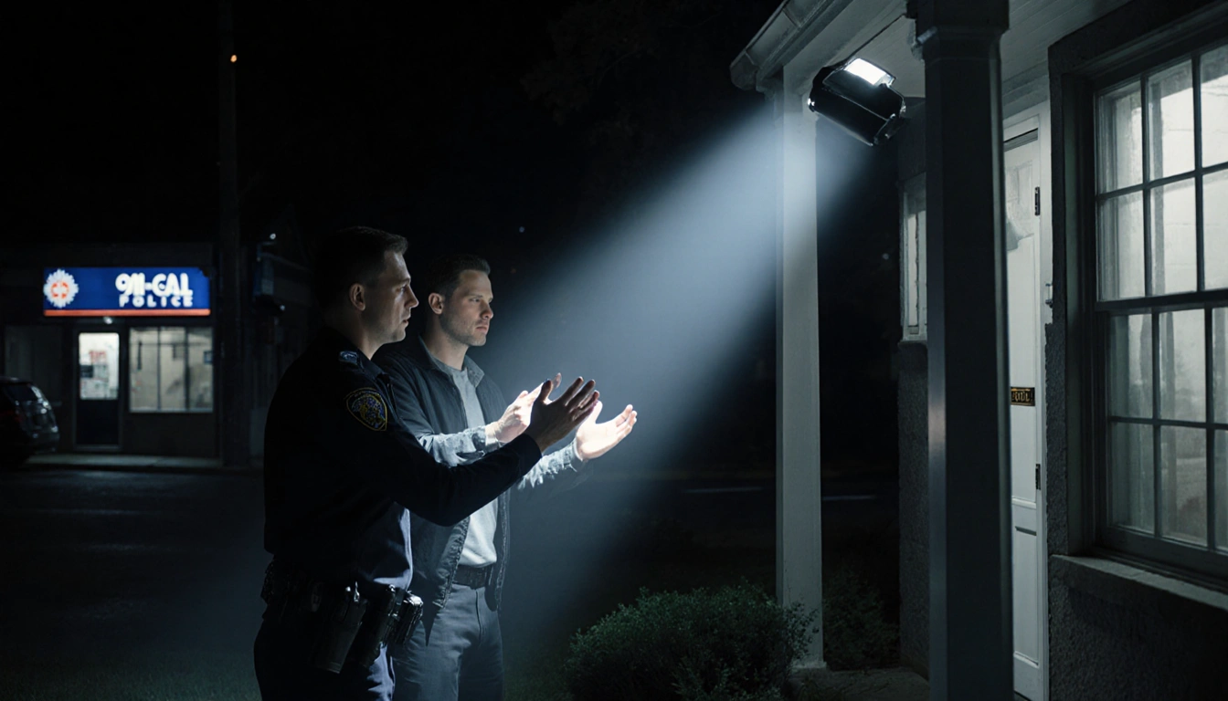 Police officer shines flashlight on suspect's hands with gun near front door and police station night street