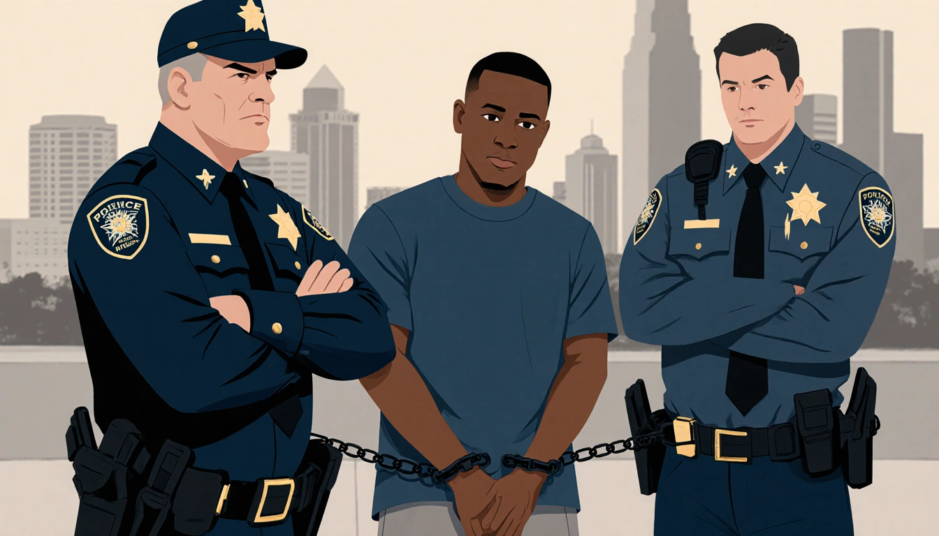 Police officer standing with arms crossed facing handcuffed Porterfield being led away by officers near blur Austin skyline