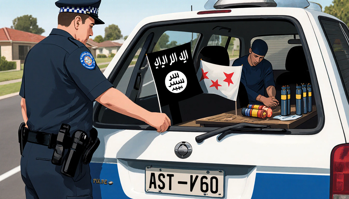 Police officer's hand removes a flag from inside a police vehicle with improvised explosives nearby and a suspect behind seat