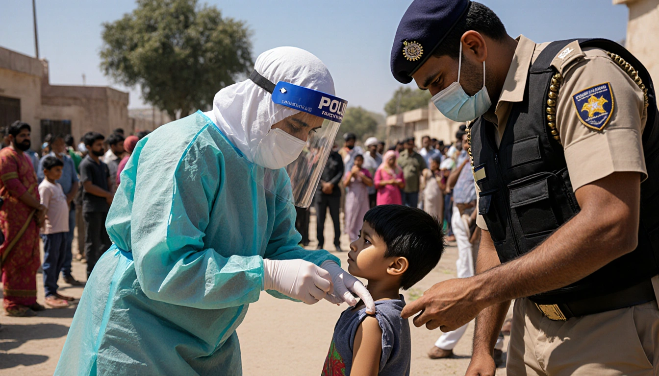 Healthcare worker giving polio vaccine to child with police officer and waiting crowd outside.