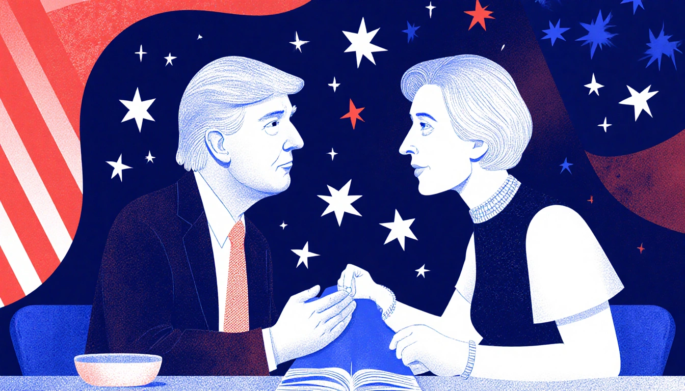 Politician making a deal with a leader in a formal office with a flag behind.