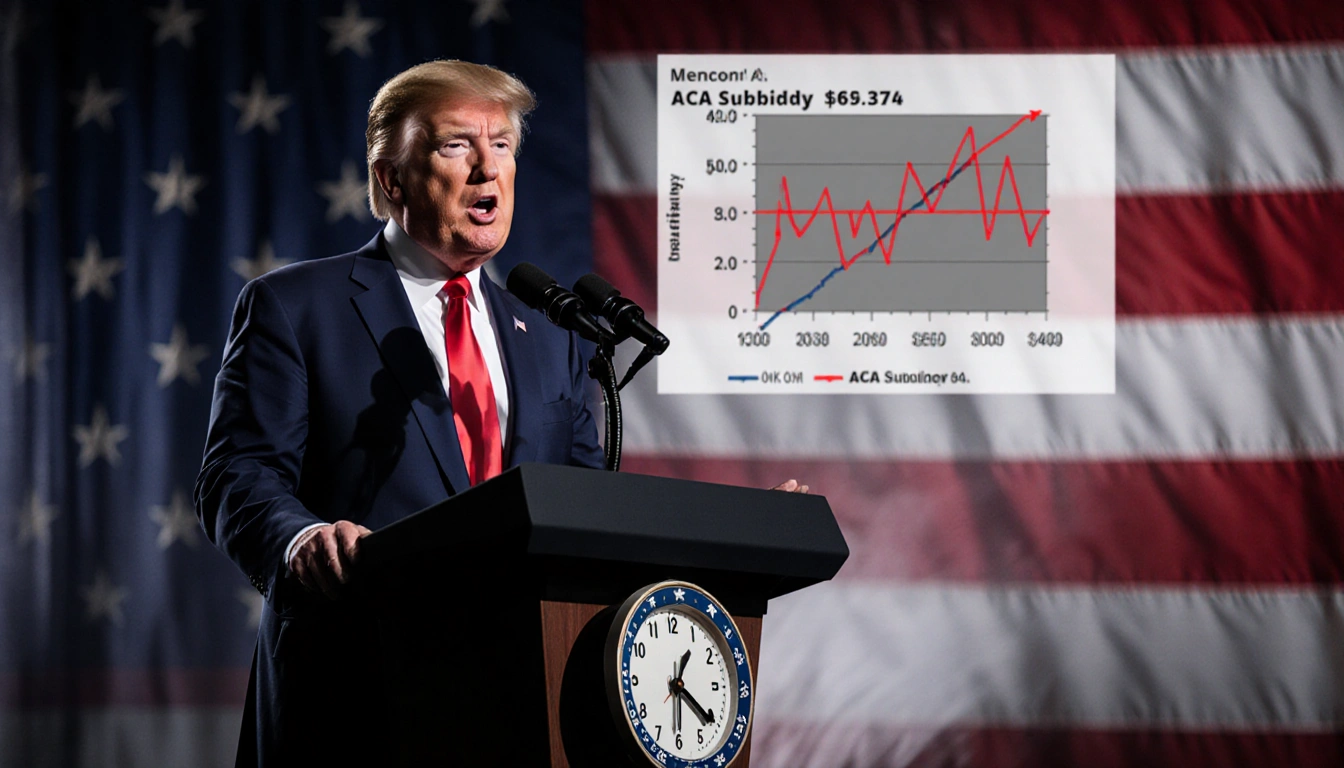 Politician speaking at podium with American flag backdrop and ACA subsidy graph in split screen