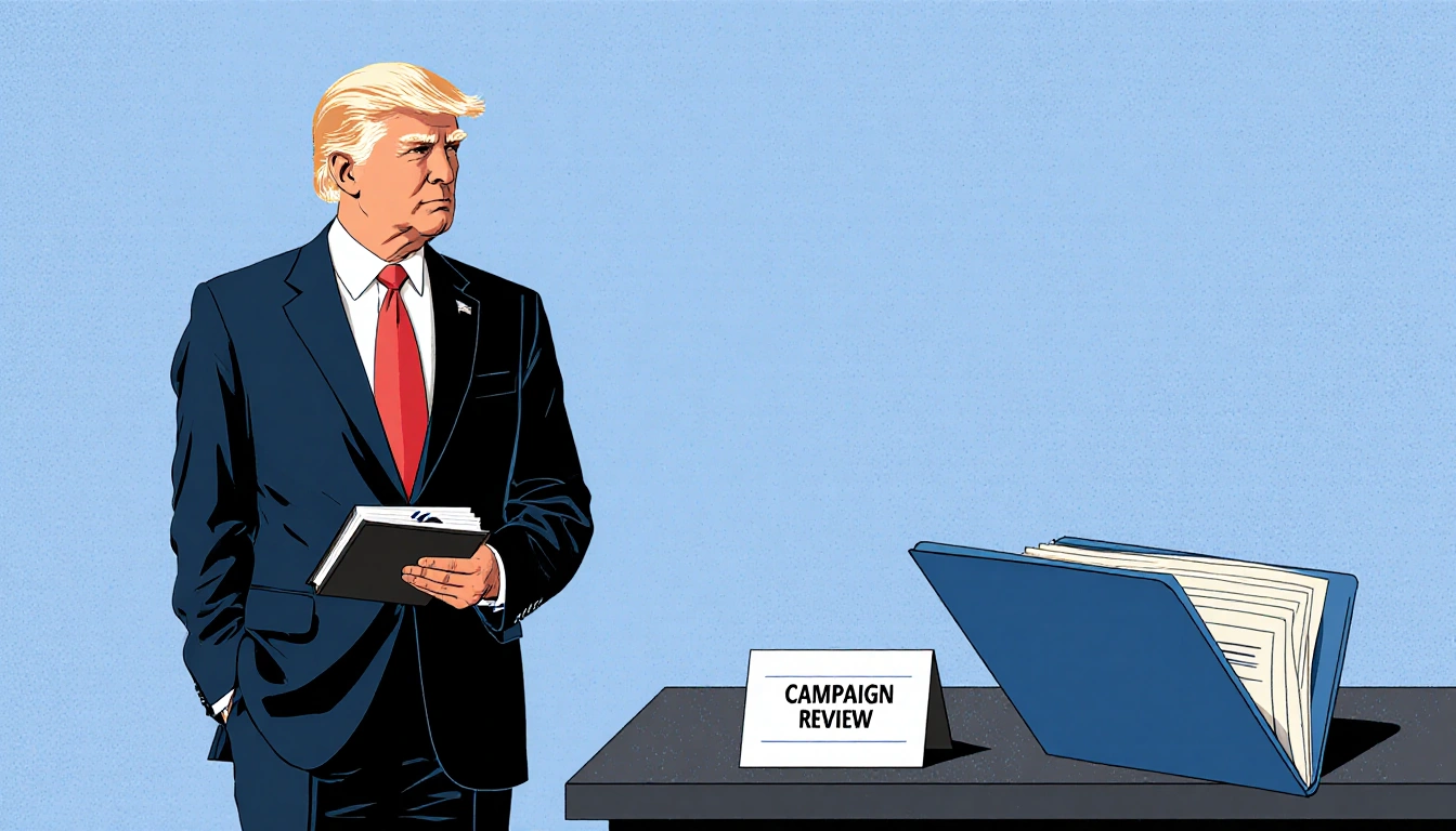 Politician looking away holding notebook with faint pen stroke and folder labeled Campaign Review.