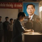 Young voter casting ballot with Union Solidarity guards watching and Min Aung Hlaing image on screen with soft lighting.