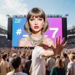 Young adult raising hand with stadium crowd and giant screen showing Taylor Swift logo
