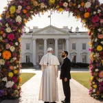 Pope Leo XIV stands beside Bishop Manuel de Jesús Rodríguez with vibrant archway and entrance in background.