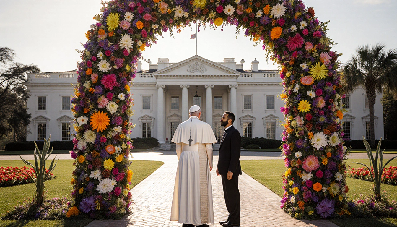 Pope Leo XIV stands beside Bishop Manuel de Jesús Rodríguez with vibrant archway and entrance in background.