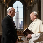 Pope Leo XIV stands beside Bishop Ronald Hicks in robes holding a Bible with NYC church stained glass showing skyscrapers.