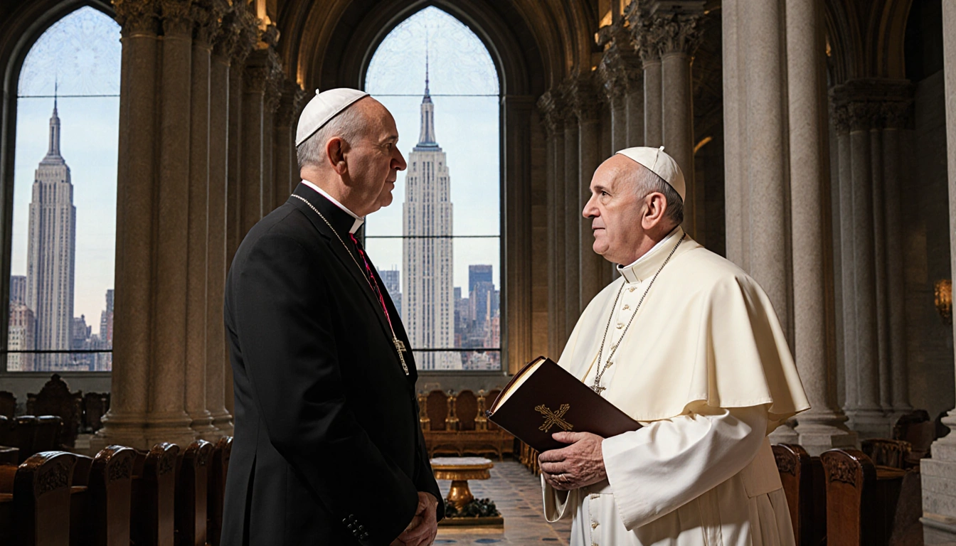 Pope Leo XIV stands beside Bishop Ronald Hicks in robes holding a Bible with NYC church stained glass showing skyscrapers.