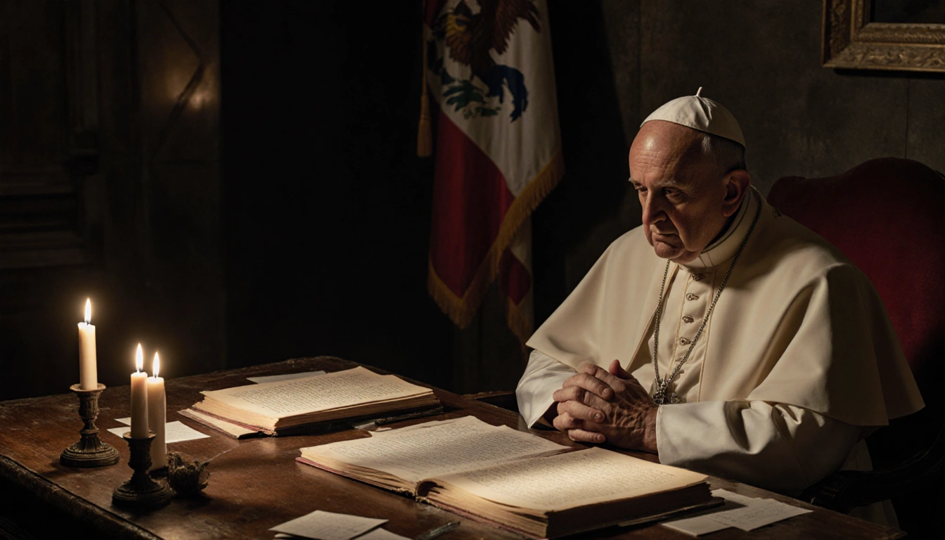 Pope Leo XIV seated and contemplating with hands clasped in a dimly lit study with candles and the Illinois flag.