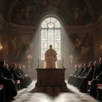 Pope Leo XIV standing at center of dimly lit chamber with ornate dais and colorful stained‑glass window