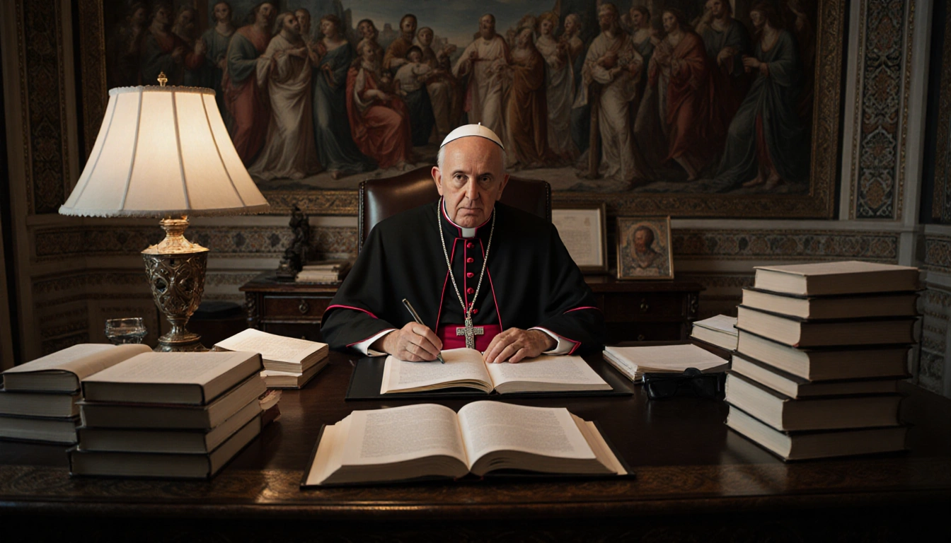 Pope Leo sits at his desk with piles of papers and books and Vatican frescoes in the dimly lit background