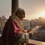Pope Leo XIV smiles at the crowd in a rain-soaked loggia with dusk light and a scroll of Urbi et Orbi over St. Peter