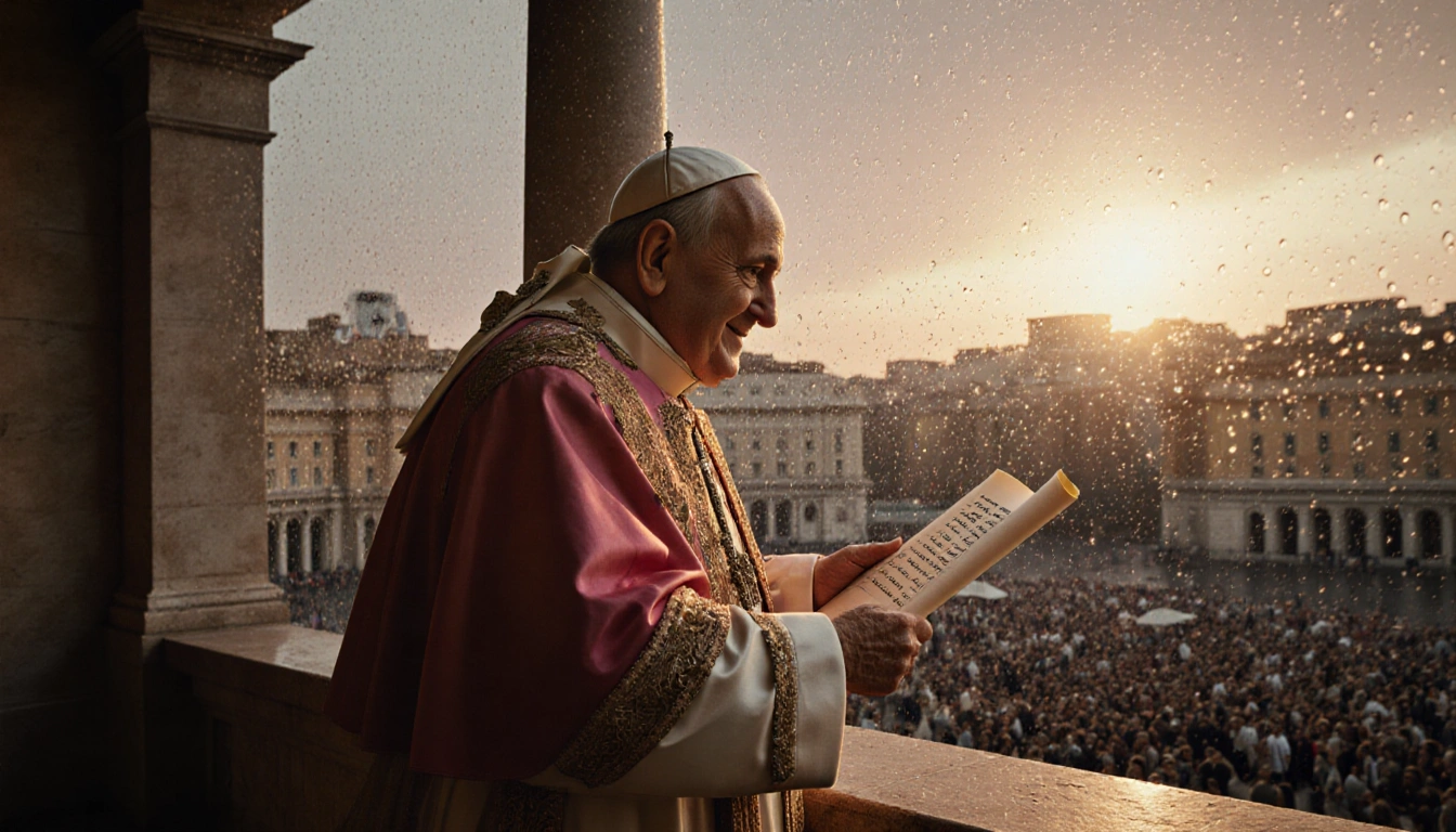 Pope Leo XIV smiles at the crowd in a rain-soaked loggia with dusk light and a scroll of Urbi et Orbi over St. Peter