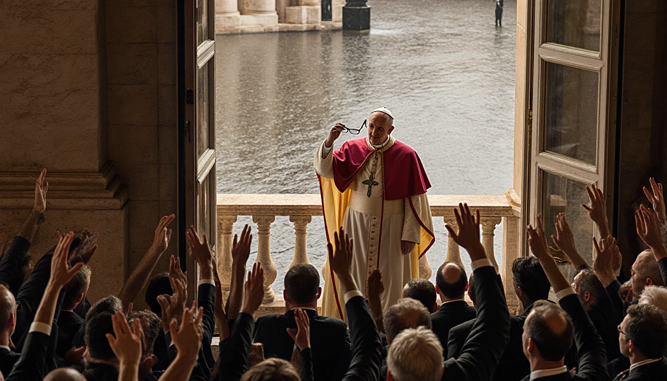 Pope Leo XIV taking off his glasses and waving from the loggia with a cheering crowd and papal coat and mitre on railing