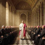 Pope Leo XIV standing at center of grand chamber with golden light filtering through stained glass and cardinals watching