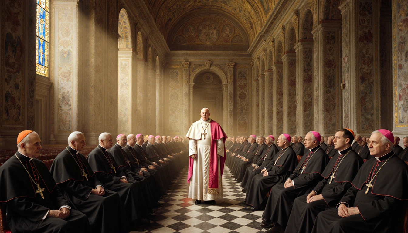 Pope Leo XIV standing at center of grand chamber with golden light filtering through stained glass and cardinals watching