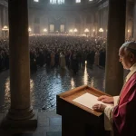 Pope Leo XIV speaking during Midnight Mass from the podium with his hands raised and illuminated altar and candlelight glow b