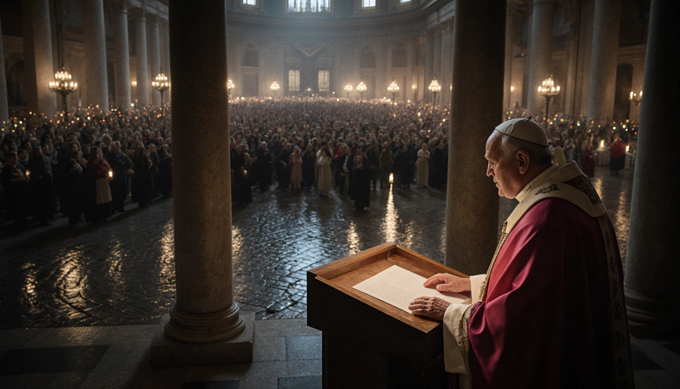 Pope Leo XIV speaking during Midnight Mass from the podium with his hands raised and illuminated altar and candlelight glow b