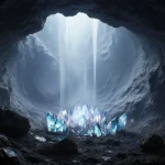 Crystal-filled cave inside Popocatépetl glows with soft light and mist
