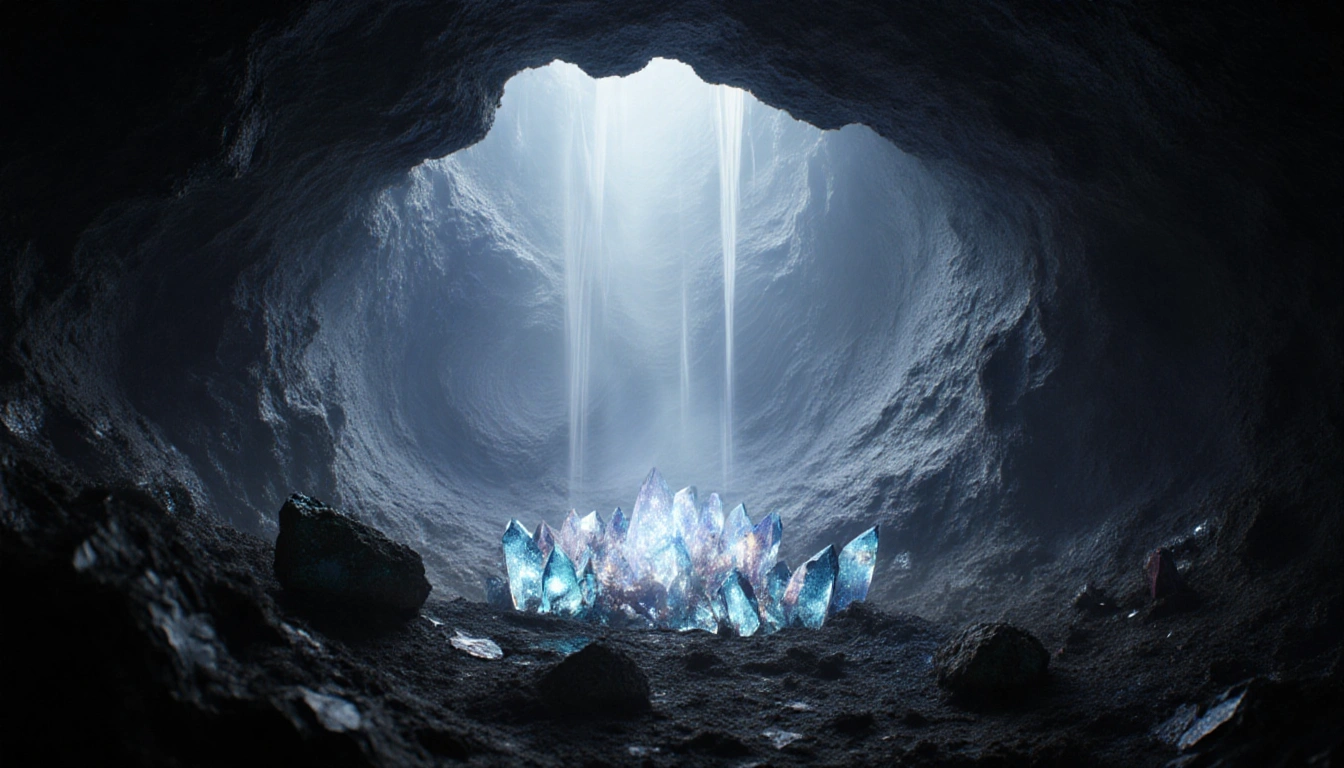Crystal-filled cave inside Popocatépetl glows with soft light and mist