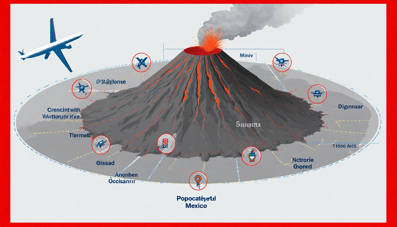 Infographic shows Popocatépetl volcano with 62-mile radius cities and five airport icons on map background red border.